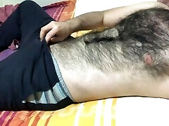 Very furry man gentle dick massage and hairy chest touch big bulge
