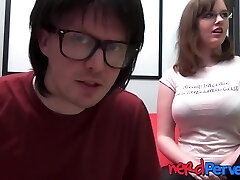 Nerdy chick with huge congenital tits Jessica Lo gargles dick POV
