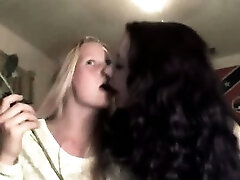 Hot blonde and brunette undress, kiss, fondle and finger each
