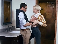 Brief haired blonde with glasses, Skye Blue got fucked after giving a blowjob to a friend