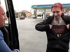 Downright Pierced and Tattooed Wierd Creature Rock the Cock in Driving Car