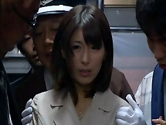 Busty Japanese sex industry star gets fondled on the bus before a facial gang banging