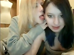 Two amateur brunette and blonde lesbos flashed jugs while kissing on webcam
