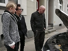 Titless employee Conny Dachs gets fucked by two lewd dudes