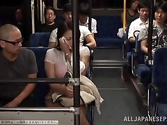 Two Guys Fucking a Huge-boobed Japanese Girl's Big Boobs in the Public Bus