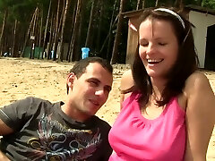 Alluring unexperienced brunette giving fancy titjob before getting her clean-shaven pussy nailed in close up shoot outdoor