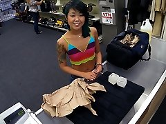 Small asian chick walks in and sells her stuff and taut twat