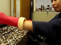 Asian Femdom Red Love Glove Glove Milking