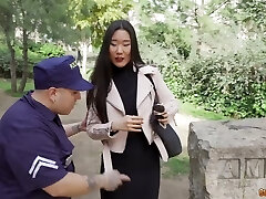 Dressed like a police officer dude finds two foreign damsels to have sex with