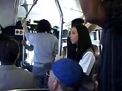 Black-haired babe is groped then squirts on a Japanese bus