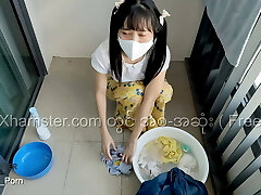 Myanmar Lil' Maid loves to fuck while washing the clothes