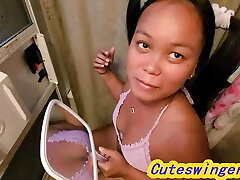 #Im in Ponytails Chinese on toilet & loves big cock & swallowing cum