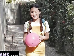 Teen Princess Ella Voneva Gets Her Asian Pussy Stuffed By Diamond Banks' Ginormous Strap On - LittleAsians FFM Three-way