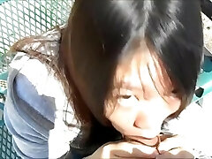 Chinese woman blowing folks in the park in broad day light