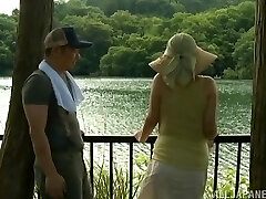 Chubby Chinese with big tits fingering hairy cunt in bath outdoor