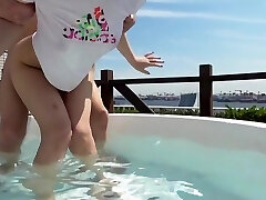 Young Japanese chick is banged in the pool and indoor