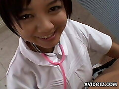 Asian nurse is sucking and titty porking the cock