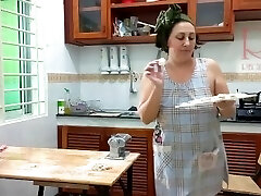 Ravioli Time! Naked Cooking. Regina Noir, a nudist cook at nudist hotel resort. Nude maid. Naked hou