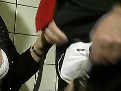 An aged German lady gets her mouth coated in the bathroom