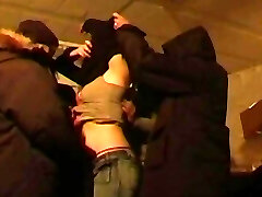 A gang of hard dicks playing with a horny babe from France in the basement