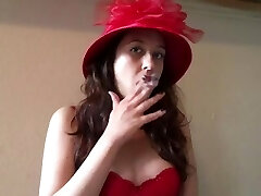 Magnificent Goddess D Smoking VS 120 Vintage Style Red Hat and Bra Red Lipstick