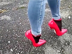 dgb07-sissy public red high heels-red high heels-sissy