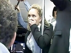 Horny blond touched to multiple orgasm on bus & fucked