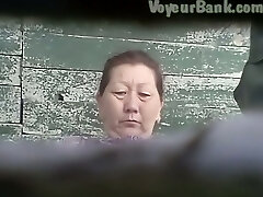 Wooly pussy of a mature Asian lady in the public toilet bedroom