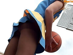 Lorine in Cheerleader Uniform and Tights Shooting Balls and Flashing
