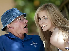 Beautiful teenager sucks grandpa outdoors and she swallows it all