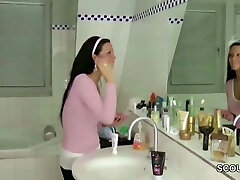 German Step-Sister-in-law Caught in Bathroom and Helps with Handjob