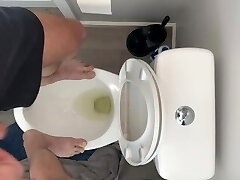 High on pot and fit to burst standing on public toilet desperate to urinate open broad drink up piss slut