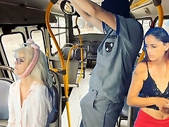 Worker takes stick out and thighs women on public transport! Worker takes stick out and thighs women on public transport!