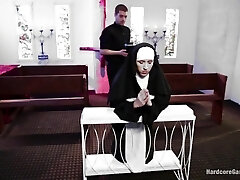 Diminutive Ash-blonde Lives out Fantasy Nun Gangbanged by 5 Priests in Chapel