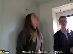 Russian brunette bombshell seduces a man in the electric train