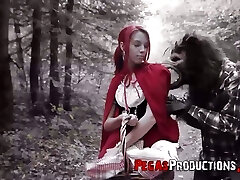 The red riding hood Brind Love gets torn up by woodcutter outdoors The red riding hood Brind Love gets torn up by woodcutter outdoors