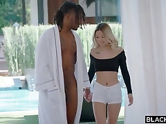 Black hunk likes to plumb a sweet, Asian blonde, after she is done with fellating his cock