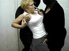 Brief-haired kinkster dragged to bondage bedroom by two S and M