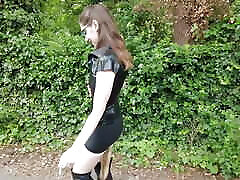 Outdoor latex walk with foxtail butt plug