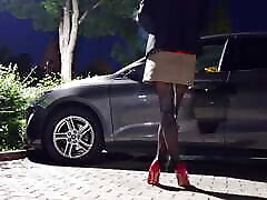 Milk enema on black old gay pary and red highheels, outdoor
