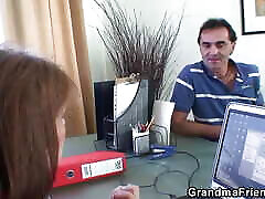 Two guys share 60 years cousin cute girl office lady
