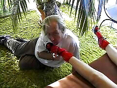 Horny German teen gets her feet sprayed with cum from an old dude