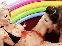 Two shara lpez lesbians are rolling in the mud pool and having some soft BDSM action
