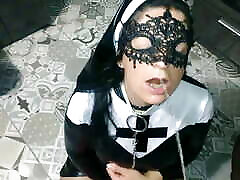 Stepmother in Nun outfit take golden rain ih her whore&039;s mouth