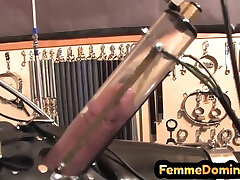 Latex BDSM femdom drains jalanese masssge cock with milking machine