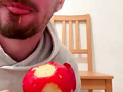 Young guy heaps of precum cum on candy apple delicious