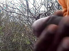 Mastrubation and cuming in forest, outdoor,