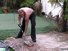 Chubby gand sounds in lingerie seducing garden worker