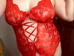 Wife Sexy Dancing in red lace Lingerie with tube porn lup fents and suspenders