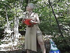 French lady gets three cocks to please in the woods